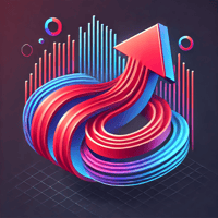 DALL·E 2024-11-13 05.16.51 - Create a futuristic 3D geometric icon inspired by a symbol with curved red lines and a blue arrow pointing upward. Represent the red lines as floating