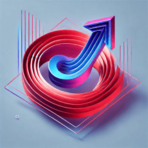 DALL·E 2024-11-13 05.17.13 - Create a futuristic 3D geometric icon inspired by a symbol with curved red lines and a blue arrow pointing upward. Represent the red lines as flowing,