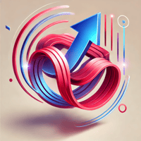 DALL·E 2024-11-13 05.20.54 - Create a futuristic 3D geometric icon inspired by a symbol with curved red lines and a blue arrow pointing upward. Represent the red lines as floating