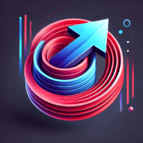 DALL·E 2024-11-13 05.21.41 - Create a futuristic 3D geometric icon inspired by a symbol with curved red lines and a blue arrow pointing upward. Represent the red lines as flowing,